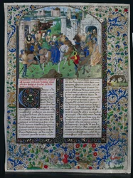 Levél Jehan de Courcys univerzális krónikájából: Priamosz király találkozik Helénával és Párizssal..., c. 1470.