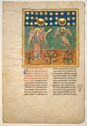 Levél egy Beatus-kéziratból: A negyedik angyal megszólal a trombitán és egy sas..., kb. 1180.