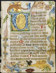 Levél egy órakönyvből: V kezdőbetű virágos szegéllyel, c. 1460-1500.