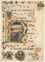 Egy antifónia levél Historiated Initial H-val, The Nativity recto és Music verso.