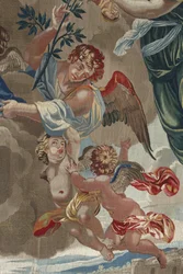 A Szűzanya élete: „A Szűzanya megkoronázása“ Angyalokat ábrázoló részlet. Pierre Damour műhelyében Charles Poerson (1609-1667) rajzai alapján készült gyapjú- és selyemkárpit
