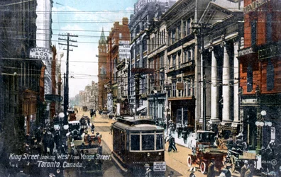 Nyugatra nézve a King Street mentén, Toronto, Kanada, 1900-as évek