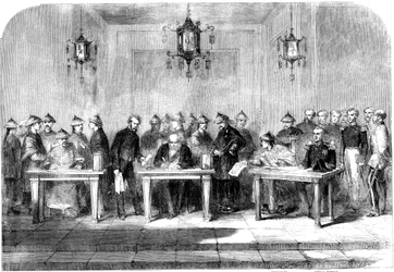Lord Elgin aláírja a tiencsini szerződést a második ópiumháború lezárására, 1858