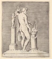 Ember fáklyával a lángoló oltár és a szobor között, megjelent kb. 1599-1622.