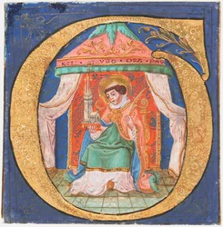 Kéziratos megvilágítás Saint Trudo Tronddal, O kezdetű, kóruskönyvből, 15. század.