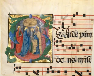 Kézirat-illumináció a Bemutatás a templomban jelenetével egy S iniciáléban, egy graduáléból, 1450-60.