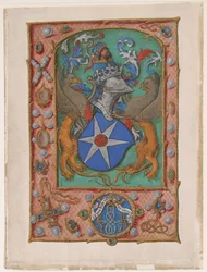 Kéziratos levél címerrel, egy Órakönyvből, kb. 1500.
