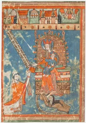 Kéziratos levél a Szűzanyának szóló könyvvel, kb. 1400.