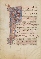 Kéziratos levél foltos P kezdőbetűvel, egy antifonáriából, kb. 1250-60.