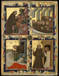 Kéziratos levél jelenetekkel Assisi Szent Ferenc életéből, kb. 1320-42.