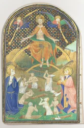 Kéziratos levél az utolsó ítélettel, egy órakönyvből, francia, kb. 1400.