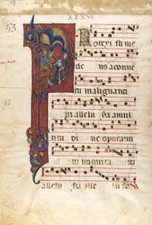 Kéziratos levél Szent Péter mártíromságával egy kezdeti P..., kb. 1270-80.