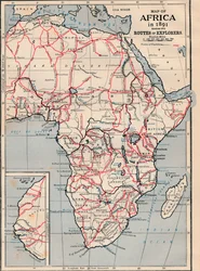 Afrika térképe 1891-ben, amelyen a felfedezők útvonalai láthatók