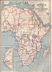 Afrika térképe 1891-ben, amelyen a felfedezők útvonalai láthatók, 1906