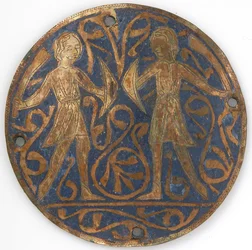 Medallion két fiatal harcossal Falchions és Bucklers, francia, kb. 1240-60.