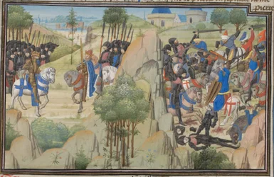 III. Konrád német és VII. Lajos francia találkozó. Türoszi Vilmos miniatúrája a Historiából, 1460-as évek
