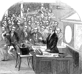 Michael Faraday előadásokat tart az elektromosságról és a mágnesességről, Royal Institution, London, 1846
