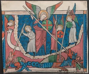 Miniatűr az Apokalipszis kéziratából: A mennyei háború c. 1295.