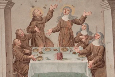 Saorge kolostor 18. századi freskó, amely Assisi Szent Ferenc életét ábrázolja, Saorge, Franciaország
