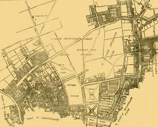 Moorfields és környéke egy 1720 körüli térkép alapján, 1872 körül.