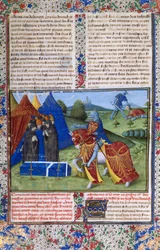 Oldal a Le Livre de Lancelot du Lacból Sir Lancelot könyve a tóról, 15. század