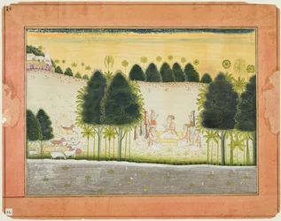 Oldal egy Bhagavata Puránából: Nanda és a vének tanácskozásában a gopákkal, c. 1690-1700.