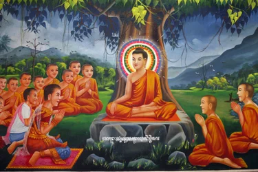 Festmény, amely Buddhát egy fa alatt tanító Bimbisara királlyal Rajagaha Udong Cambodge-ban