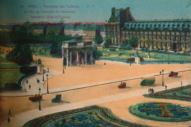 Panorámás kilátás a Tuileriákra és a Diadalívre du Carrousel, Párizs, 1920