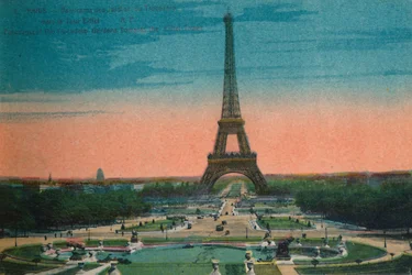 Panoráma a Jardins du Trocadéro-ra és az Eiffel-toronyra, Párizs, 1920