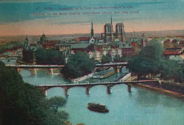 Panoráma a Szajnára a Notre-Dame-székesegyházzal és az Île de la Cité, Párizs, 1920