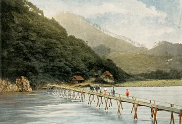 Passerelle Sur La Riviere DArakawa, Gyaloghíd az Arakawa folyón, 1900.