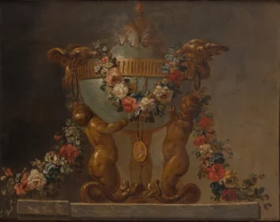 Babatritonokkal alátámasztott, virágfüzérrel díszített parfümégő, 18. század.