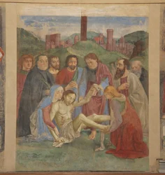Pieta freskó a Vespucci-kápolnában, Ognissanti, Firenze, Olaszország (fotó)