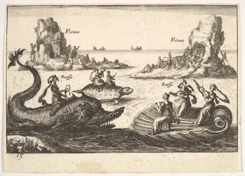 15. tábla: Folyók és istennők, rúdhordozók által irányított úszó szigetekkel, nőalakok..., 1664.