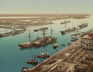 Port Said, Szuez, 1900 körül (színes fotokróm)