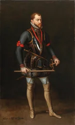 II. Fülöp 1527-1598, spanyol király portréja páncélban és az Aranygyapjú Renddel.