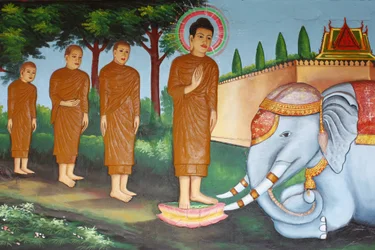 Preah Prom Rath kolostor A Buddha életeA Loving-Kindness által megszelídített vad elefánt, Siem Reap, Kambodzsa
