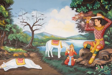 A Preah Prom Rath-kolostor. Buddha élete. A nagy hajvágás: Buddha levágja a haját a kardjával. Ezután hercegi ruháit egy koldus köntösére cserélte. Majd megkezdte a megvilágosodás keresését, Sziemreap, Kambodzsa