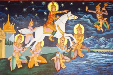 Preah Prom Rath kolostor Siddhartha Gautama egyedül bolyongott a palotában. A luxus, ami valaha tetszett neki, most groteszknek tűnt, Siem Reap, Kambodzsa