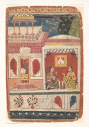 Radha és bizalmasa ülnek egy nyitott szobában: Oldal egy szétszórt Rasikapriya-ból, kb. 1680-90.