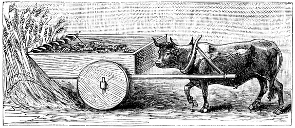 Az ókori római időkben Galliában használt aratógép rekonstrukciója Plinius leírása szerint, c1890