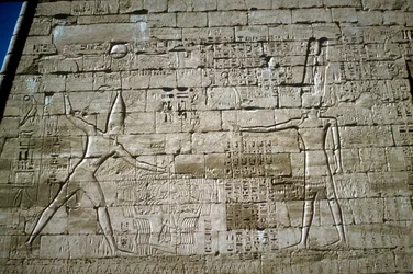 Az ellenséget ütő III. Ramszesz domborműve, Ramszesz III halottas temploma, Medinet Habu, Kr.e. 1200