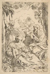 Nyugodj meg Egyiptomban, a Szent Család ül, miközben egy angyal a fa ágát húzza..., kb. 1637-1639 vagy utána.