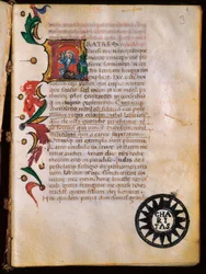 Szent Jeromos (347-420) ábrázolása, az "Opuscula theologica"-ból vett illuminált oldal.