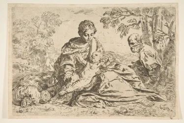 Pihenjen az Egyiptomba tartó repülésen, Mária kezében tartja a csecsemő Krisztust Szent Józseffel ..., 1640 körül vagy utána.