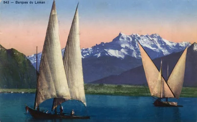 Rhone Alpes, Haute Savoie (74): csónakok a Leman-tavon (Genfi-tó) - 1938-as képeslap