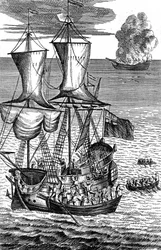 Robinson Crusoe megmenti a tengeren lángoló hajó legénységét, 1719