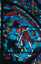 Roland átszúrja az óriás Ferragut köldökét, ólomüveg, Chartres-i katedrális, 1194-1260