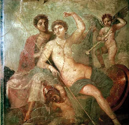 Római falfestmény Ámorról, Vénuszról és Marsról, Pompeii, Olaszország