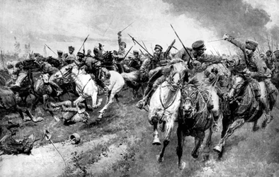 Orosz kozákok megtámadják a német hadsereget, Kelet-Poroszország, első világháború, 1914